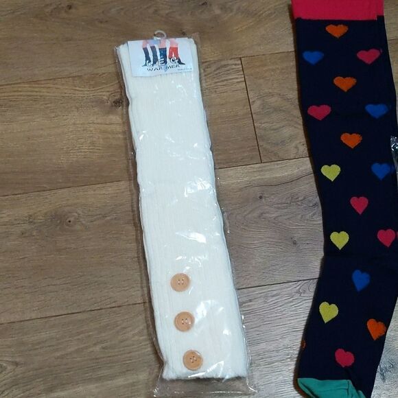 Leg warmers wooden button + colorful hearts compression socks (L/XL) combo NWT - Picture 7 of 9